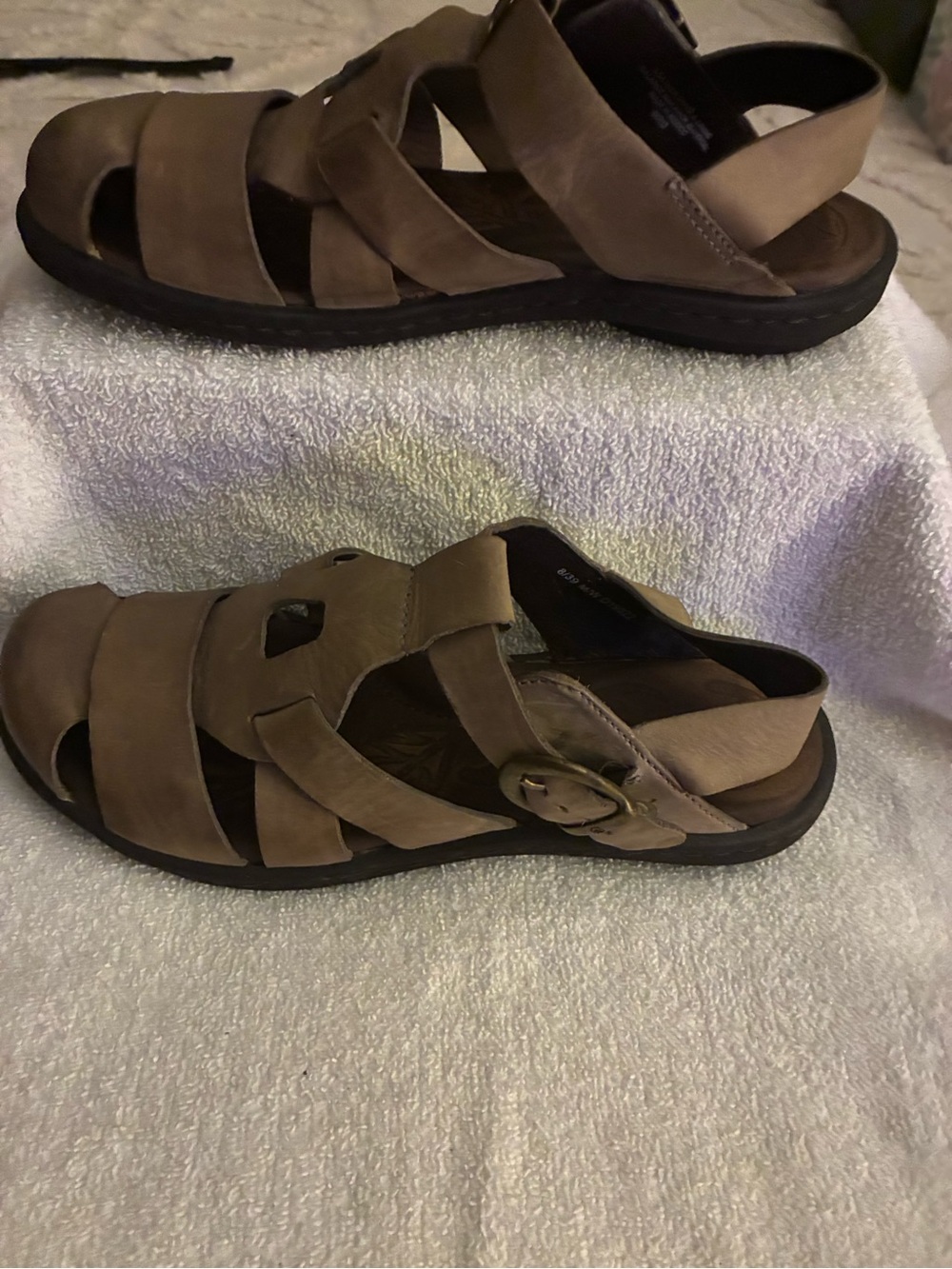 Pre-owned Taupe Strappy Closed-Toe Leather Born Sandals focused on lifestyle.